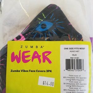 Zumba Vibes Face Covers 3 pack 3 different designs  One size fits all, packaged